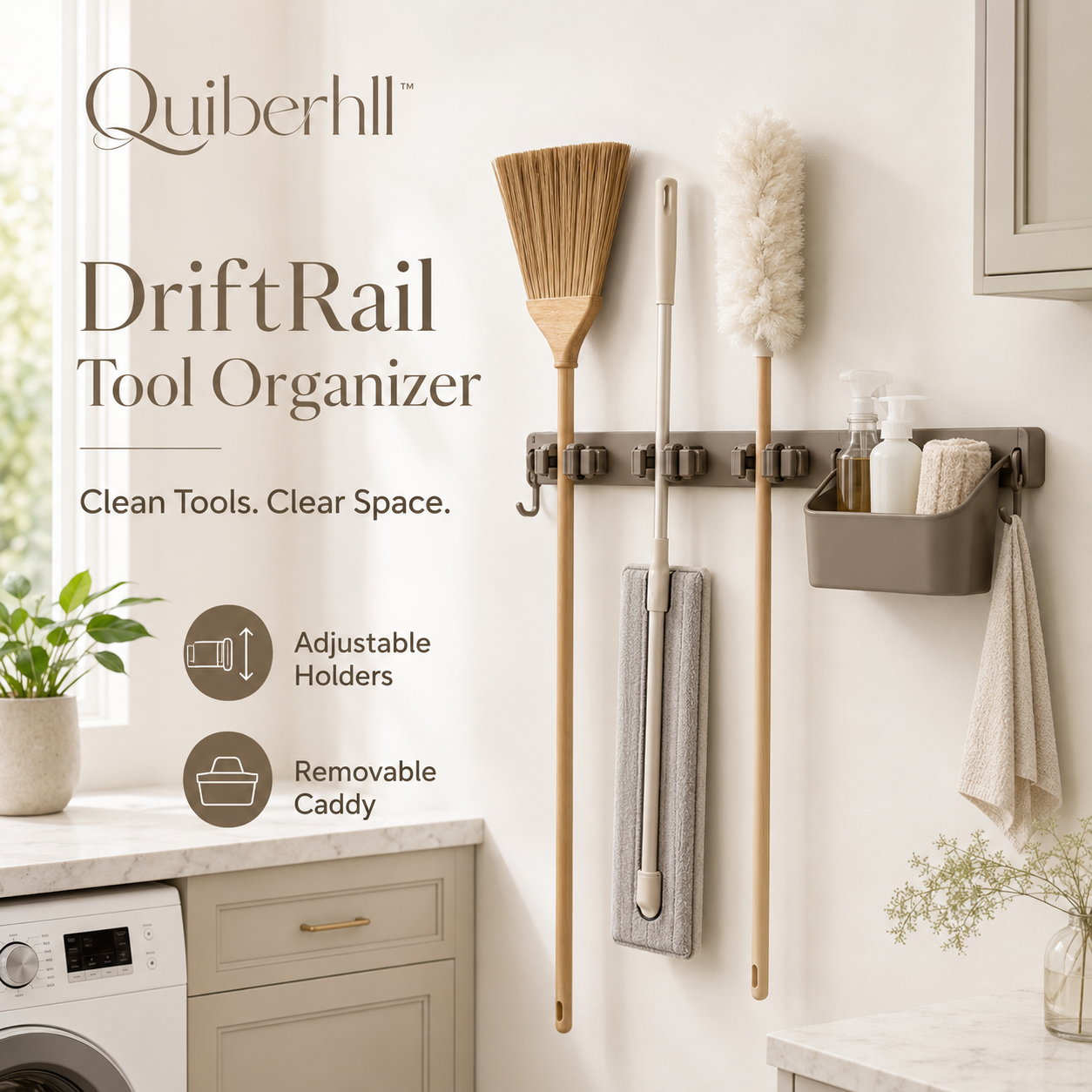 Quiberhll™ DriftRail Wall-Mounted Cleaning Tool Organizer – Broom Holder, Utility Rack & Supply Caddy