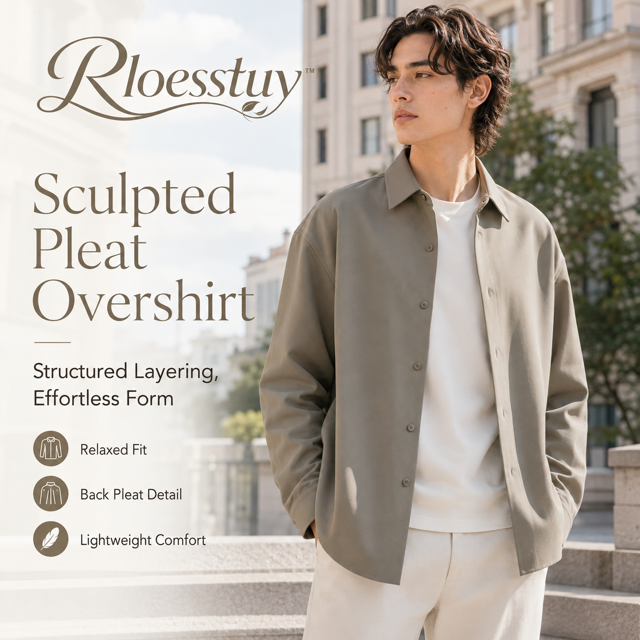 Rloesstuy™ Sculpted Pleat Overshirt – Unisex Relaxed-Fit Overshirt, Lightweight Utility Shirt Jacket, Minimalist Button-Up Layer