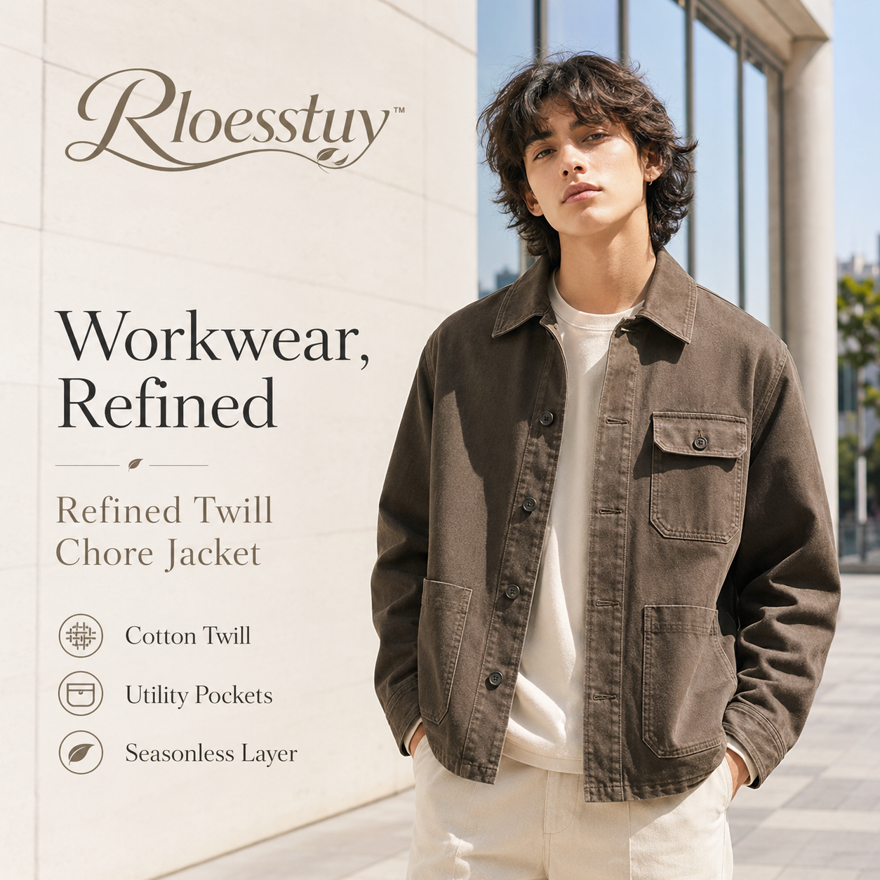 Rloesstuy™ Refined Twill Chore Jacket – Unisex Chore Coat, Cotton Twill Workwear Jacket, Minimalist Utility Overshirt
