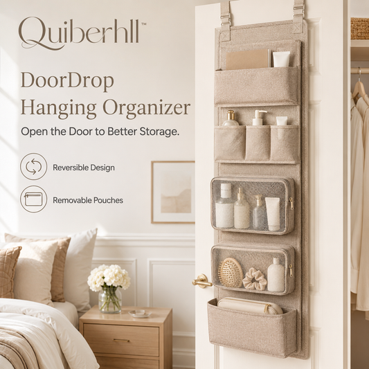 Quiberhll™ DoorDrop Slim Hanging Organizer – Reversible Over-the-Door Storage with Removable Pouches