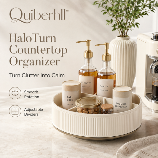 Quiberhll™ HaloTurn Rotating Countertop Organizer – 360° Kitchen, Coffee Bar & Bathroom Storage Caddy
