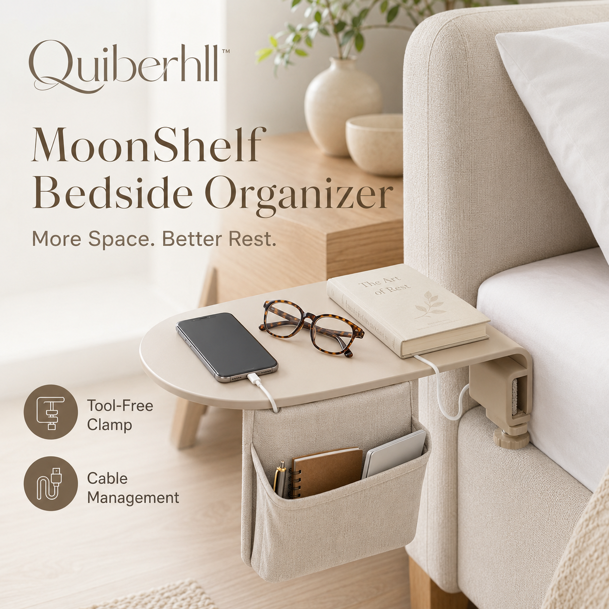 Quiberhll™ MoonShelf Clamp-On Bedside Organizer – Space-Saving Nightstand Tray with Cable Management