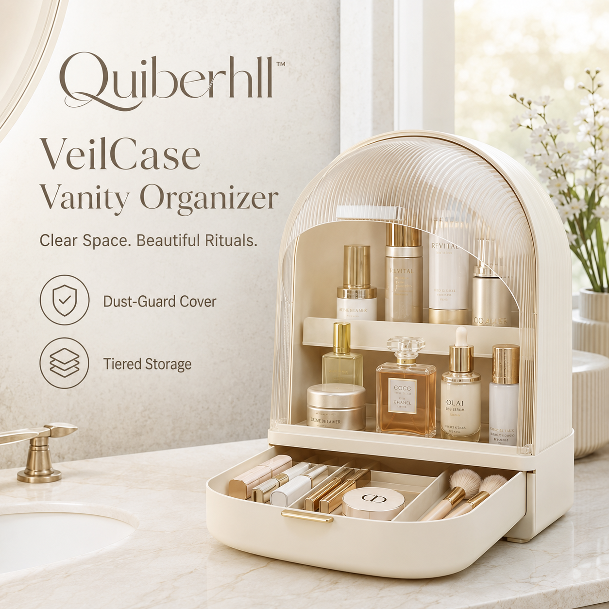 Quiberhll™ VeilCase Covered Vanity Organizer – Dust-Guard Skincare, Makeup & Bathroom Counter Storage