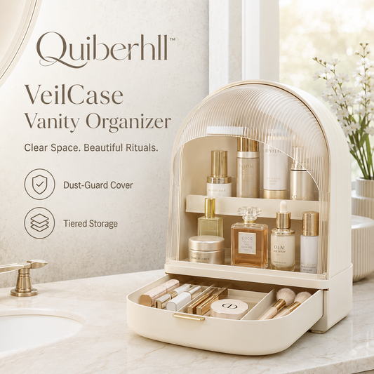 Quiberhll™ VeilCase Covered Vanity Organizer – Dust-Guard Skincare, Makeup & Bathroom Counter Storage