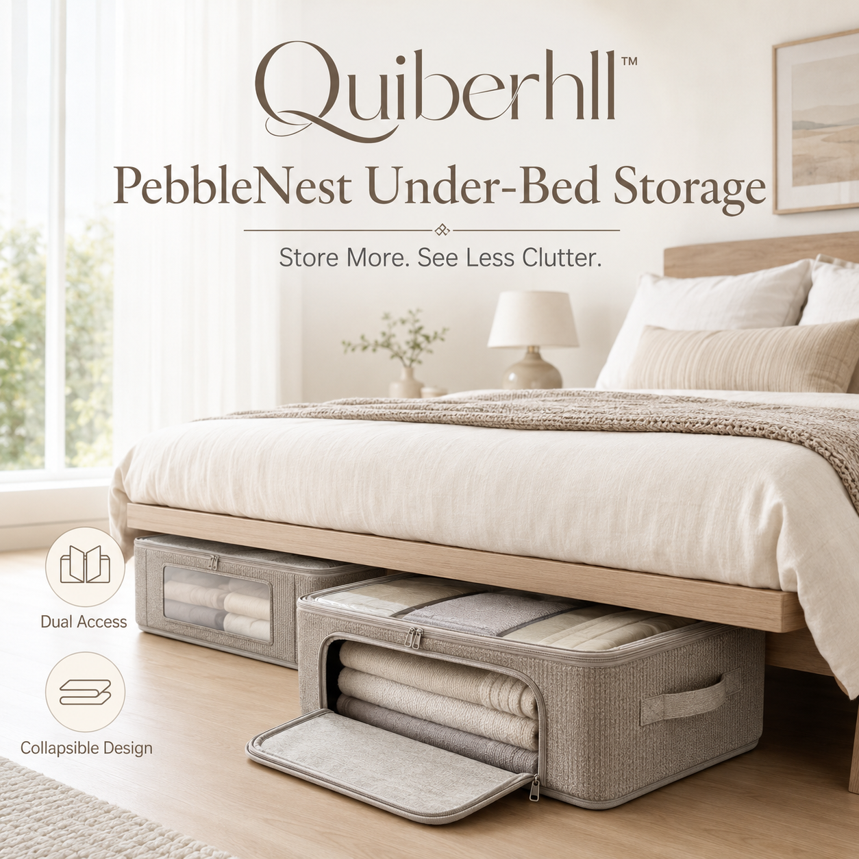 Quiberhll™ PebbleNest Under-Bed Storage Bins – Structured Foldable Containers with Dual Access