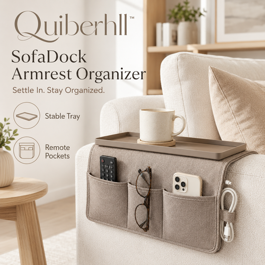 Quiberhll™ SofaDock Armrest Organizer – Couch Caddy with Rigid Tray, Remote Pockets & Cable Loop