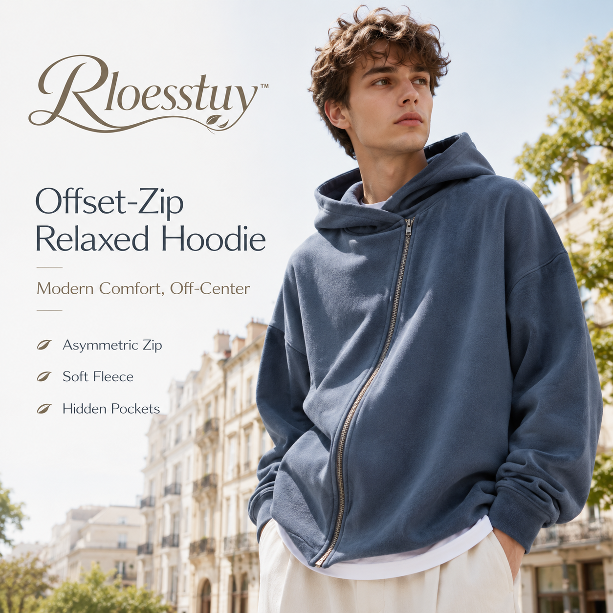 Rloesstuy™ Offset-Zip Relaxed Hoodie – Unisex Asymmetric Zip Hoodie, Oversized Cotton Sweatshirt, Modern Minimalist Streetwear