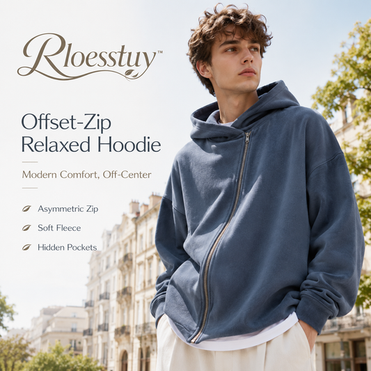 Rloesstuy™ Offset-Zip Relaxed Hoodie – Unisex Asymmetric Zip Hoodie, Oversized Cotton Sweatshirt, Modern Minimalist Streetwear