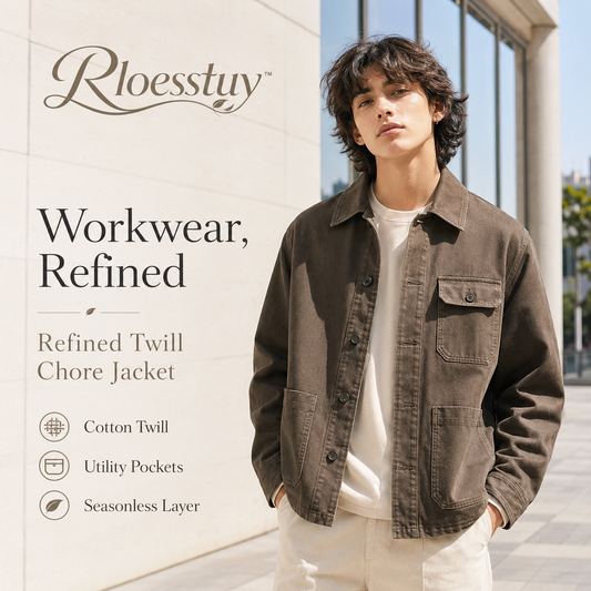 Rloesstuy™ Refined Twill Chore Jacket – Unisex Chore Coat, Cotton Twill Workwear Jacket, Minimalist Utility Overshirt