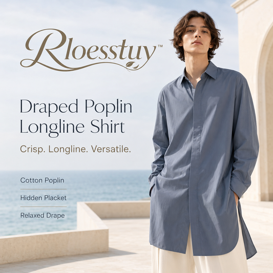 Rloesstuy™ Draped Poplin Longline Shirt – Unisex Longline Button-Up Shirt, Oversized Cotton Poplin Top, Minimalist Layering Blouse